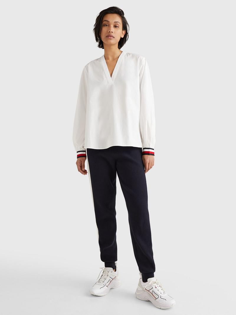 Női Tommy Hilfiger V-Neck Blouses Fehér | HU 21KOR